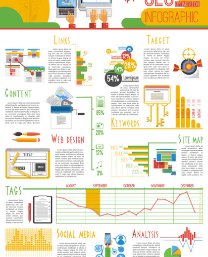 Search engine optimization for web pages visibility results and analysis infograhic report presentation poster abstract vector illustration